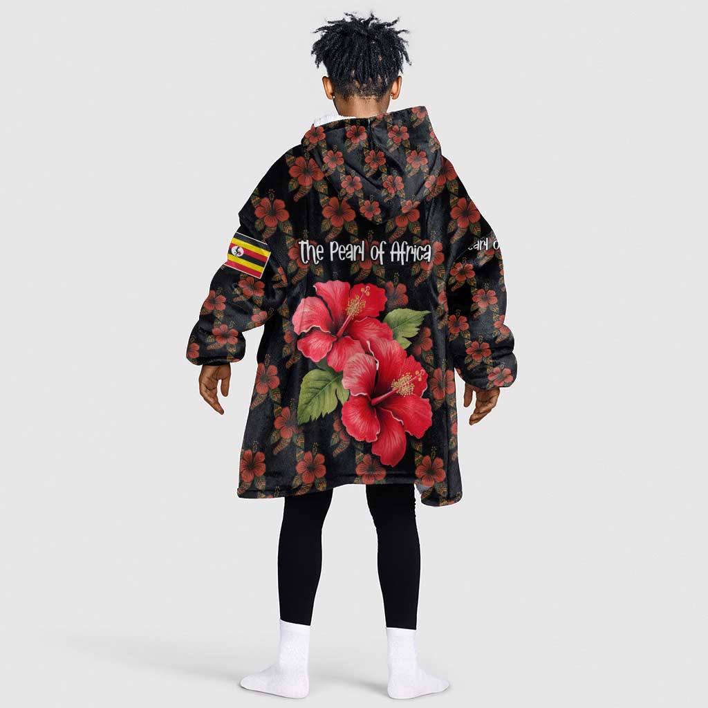 Uganda Kid Wearable Blanket Hoodie - Hibiscus Flower Pattern and The Pearl of Africa Text