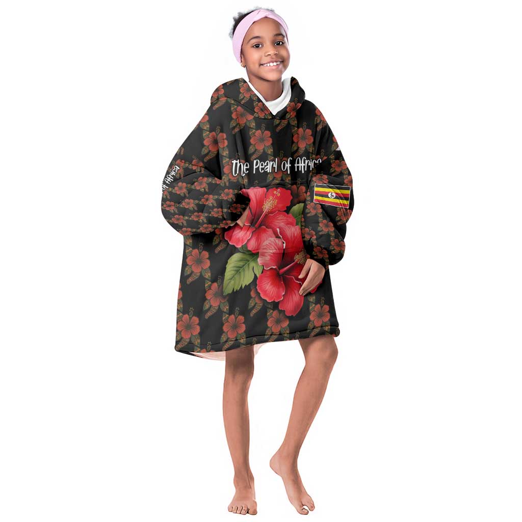 Uganda Kid Wearable Blanket Hoodie - Hibiscus Flower Pattern and The Pearl of Africa Text