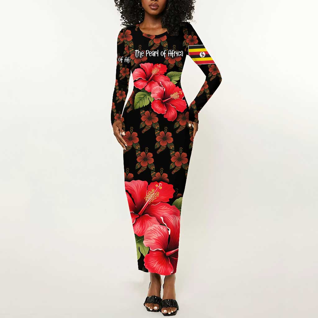Uganda Long Sleeve Bodycon Dress - Hibiscus Flower Pattern and The Pearl of  Africa Text by AfricanPride