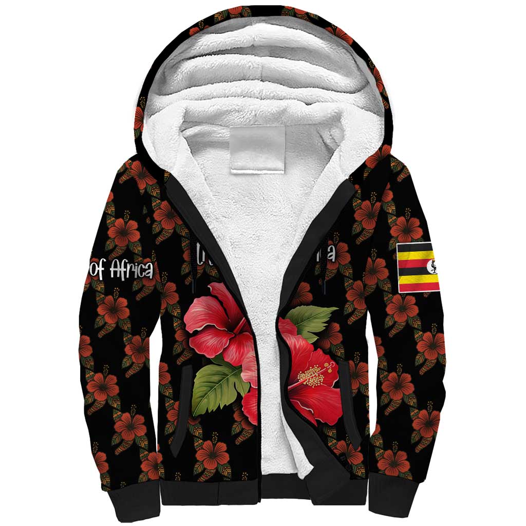Uganda Sherpa Hoodie - Hibiscus Flower Pattern and The Pearl of Africa Text
