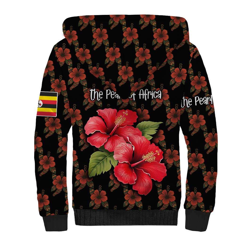 Uganda Sherpa Hoodie - Hibiscus Flower Pattern and The Pearl of Africa Text