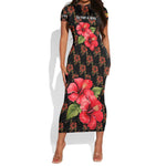 Uganda Short Sleeve Bodycon Dress - Hibiscus Flower Pattern and The Pearl of Africa Text TS04
