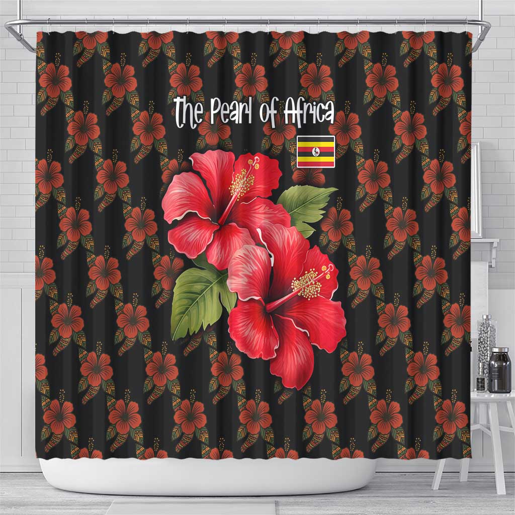 Uganda Shower Curtain - Hibiscus Flower Pattern and The Pearl of Africa Text