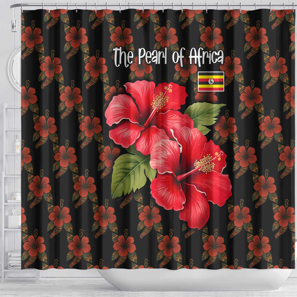 Uganda Shower Curtain - Hibiscus Flower Pattern and The Pearl of Africa Text
