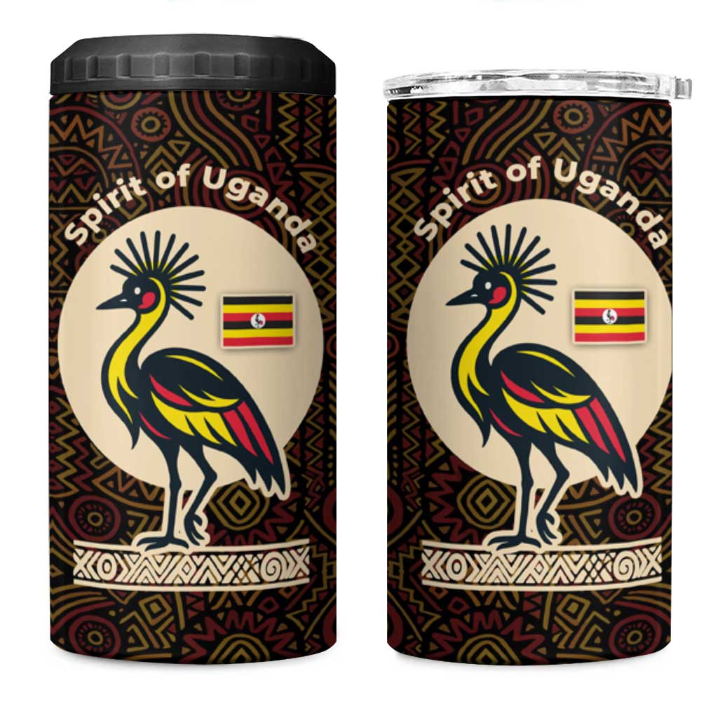 Uganda 4 in 1 Can Cooler Tumbler - Grey Crowned Crane and Tribal Pattern Spirit of Uganda Theme