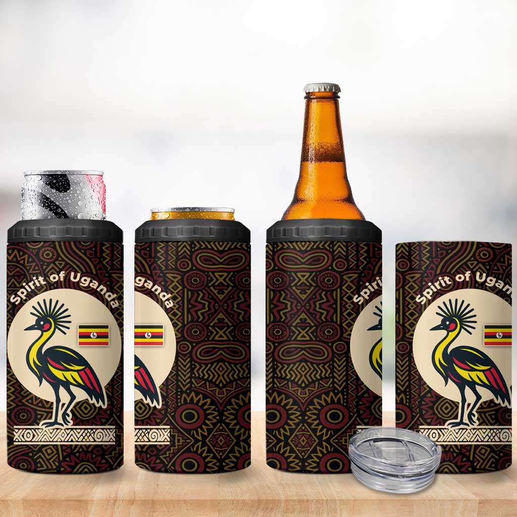 Uganda 4 in 1 Can Cooler Tumbler - Grey Crowned Crane and Tribal Pattern Spirit of Uganda Theme