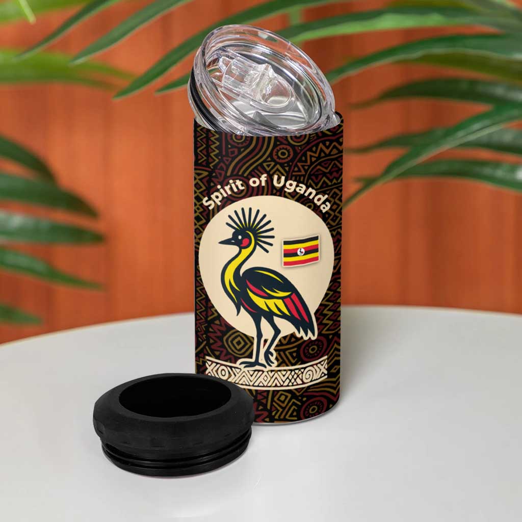 Uganda 4 in 1 Can Cooler Tumbler - Grey Crowned Crane and Tribal Pattern Spirit of Uganda Theme
