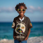 Uganda Kid Hawaiian Shirt - Grey Crowned Crane and Tribal Pattern Spirit of Uganda Theme