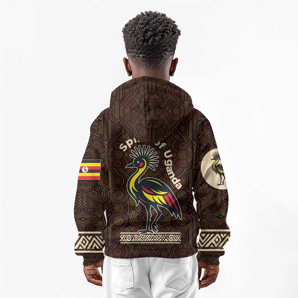 Uganda Kid Hoodie - Grey Crowned Crane and Tribal Pattern Spirit of Uganda Theme