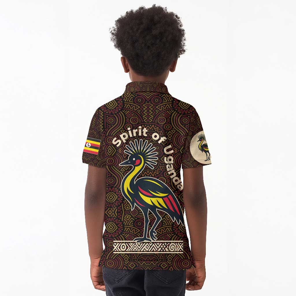 Uganda Kid Polo Shirt - Grey Crowned Crane and Tribal Pattern Spirit of Uganda Theme