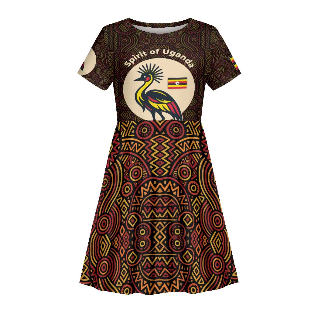 Uganda Kid Short Sleeve Dress - Grey Crowned Crane and Tribal Pattern Spirit of Uganda Theme