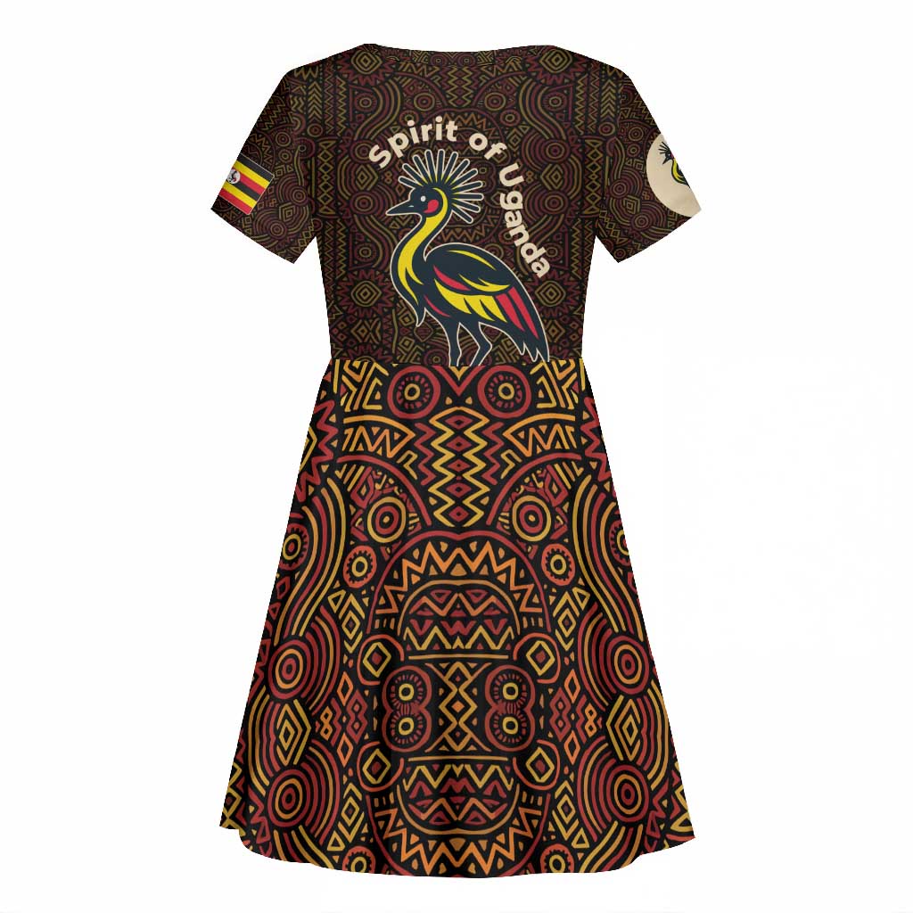 Uganda Kid Short Sleeve Dress - Grey Crowned Crane and Tribal Pattern Spirit of Uganda Theme