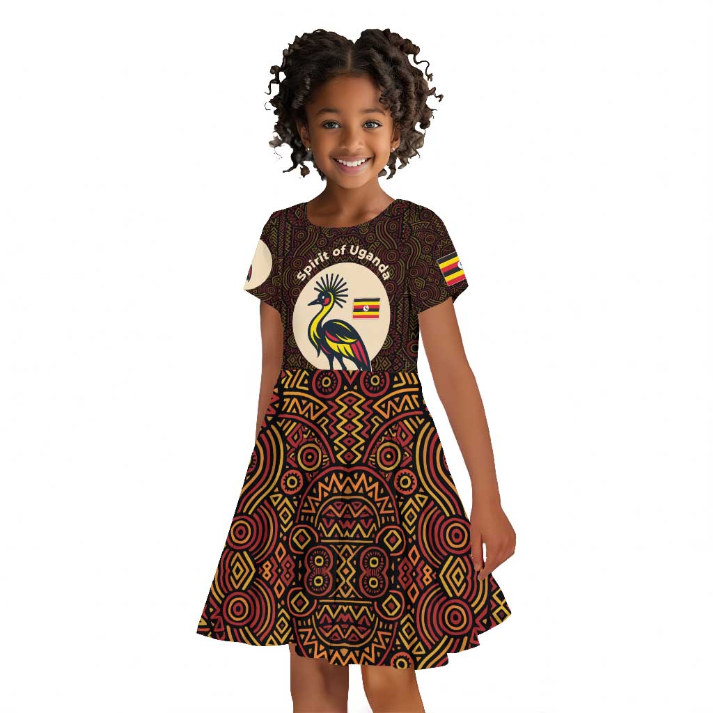 Uganda Kid Short Sleeve Dress - Grey Crowned Crane and Tribal Pattern Spirit of Uganda Theme