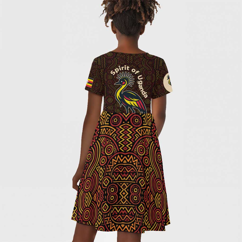 Uganda Kid Short Sleeve Dress - Grey Crowned Crane and Tribal Pattern Spirit of Uganda Theme