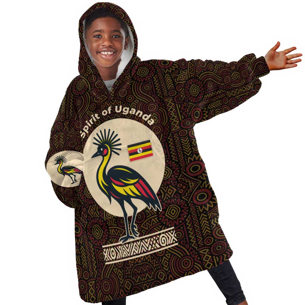 Uganda Kid Wearable Blanket Hoodie - Grey Crowned Crane and Tribal Pattern Spirit of Uganda Theme