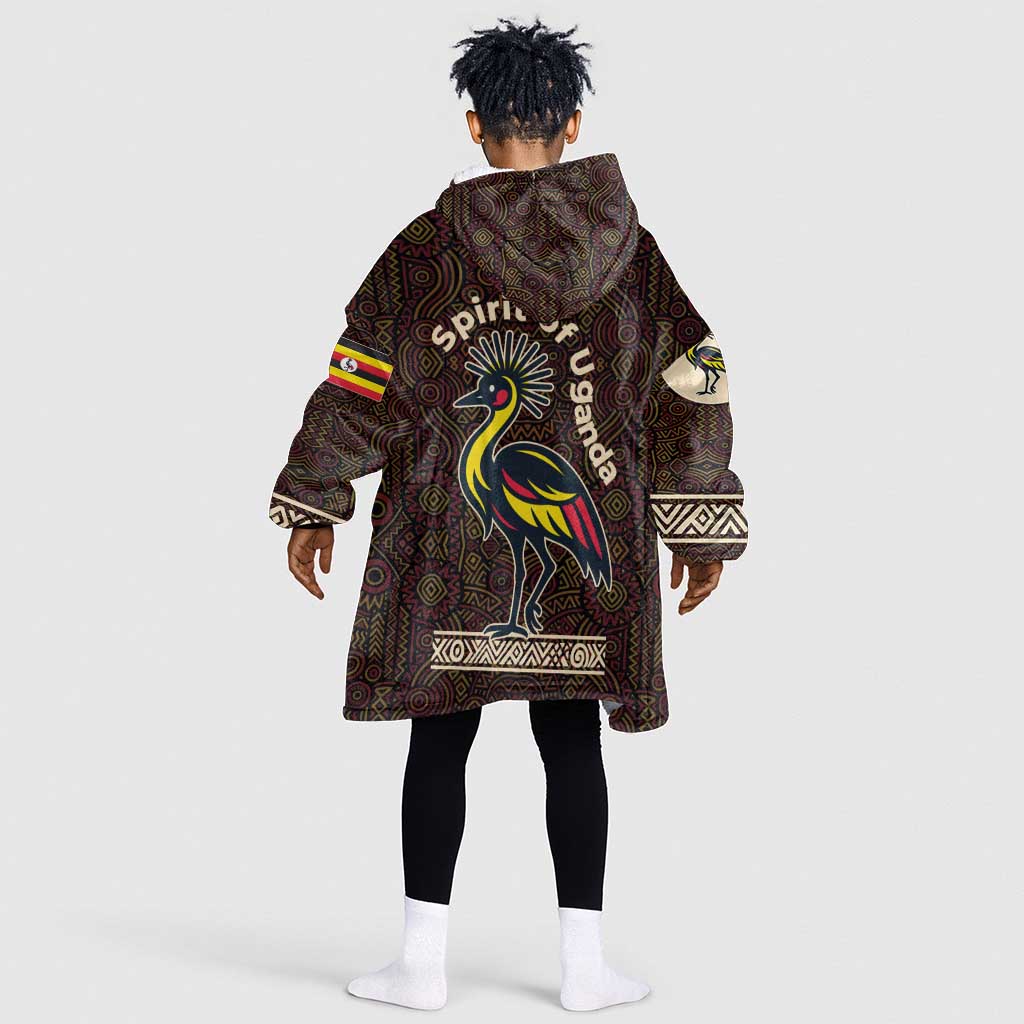 Uganda Kid Wearable Blanket Hoodie - Grey Crowned Crane and Tribal Pattern Spirit of Uganda Theme