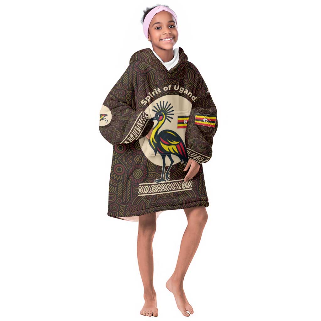 Uganda Kid Wearable Blanket Hoodie - Grey Crowned Crane and Tribal Pattern Spirit of Uganda Theme