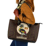 Uganda Leather Tote Bag - Grey Crowned Crane and Tribal Pattern Spirit of Uganda Theme
