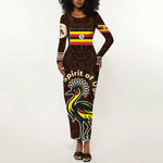 Uganda Long Sleeve Bodycon Dress - Grey Crowned Crane and Tribal Pattern Spirit of Uganda Theme TS04