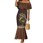 Uganda Mermaid Dress - Grey Crowned Crane and Tribal Pattern Spirit of Uganda Theme