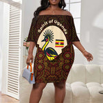 Uganda Off Shoulder Short Dress - Grey Crowned Crane and Tribal Pattern Spirit of Uganda Theme