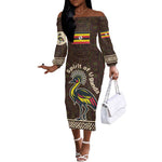 Uganda Off The Shoulder Long Sleeve Dress - Grey Crowned Crane and Tribal Pattern Spirit of Uganda Theme