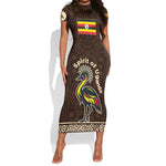 Uganda Short Sleeve Bodycon Dress - Grey Crowned Crane and Tribal Pattern Spirit of Uganda Theme TS04