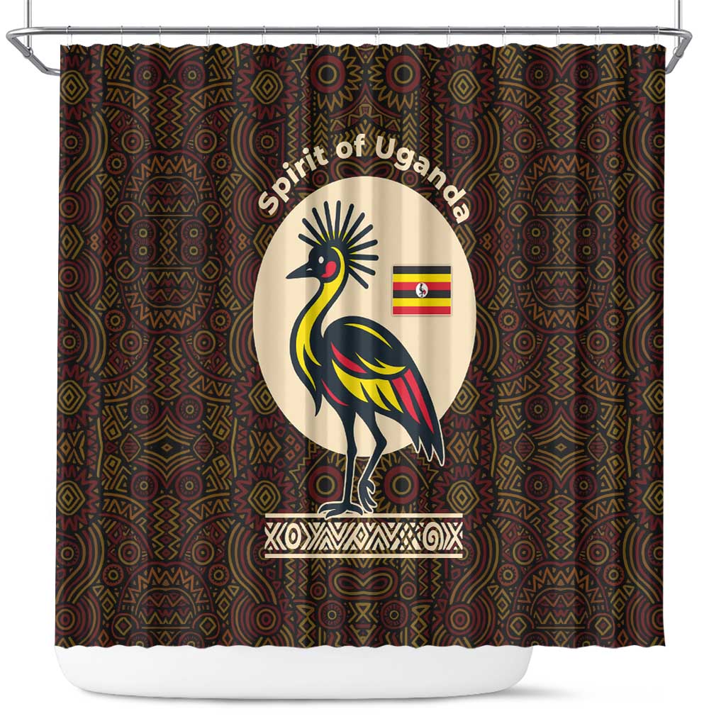 Uganda Shower Curtain - Grey Crowned Crane and Tribal Pattern Spirit of Uganda Theme