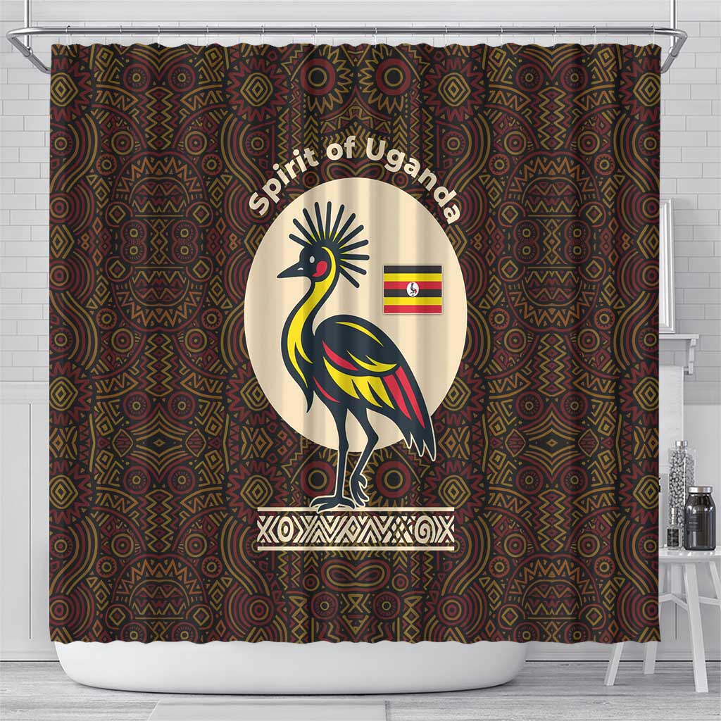 Uganda Shower Curtain - Grey Crowned Crane and Tribal Pattern Spirit of Uganda Theme