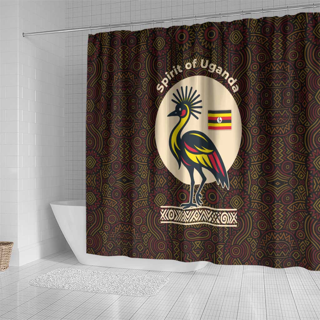 Uganda Shower Curtain - Grey Crowned Crane and Tribal Pattern Spirit of Uganda Theme