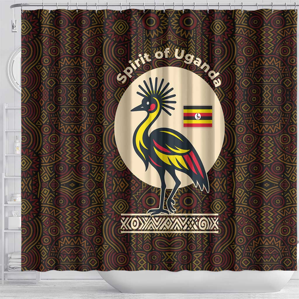 Uganda Shower Curtain - Grey Crowned Crane and Tribal Pattern Spirit of Uganda Theme
