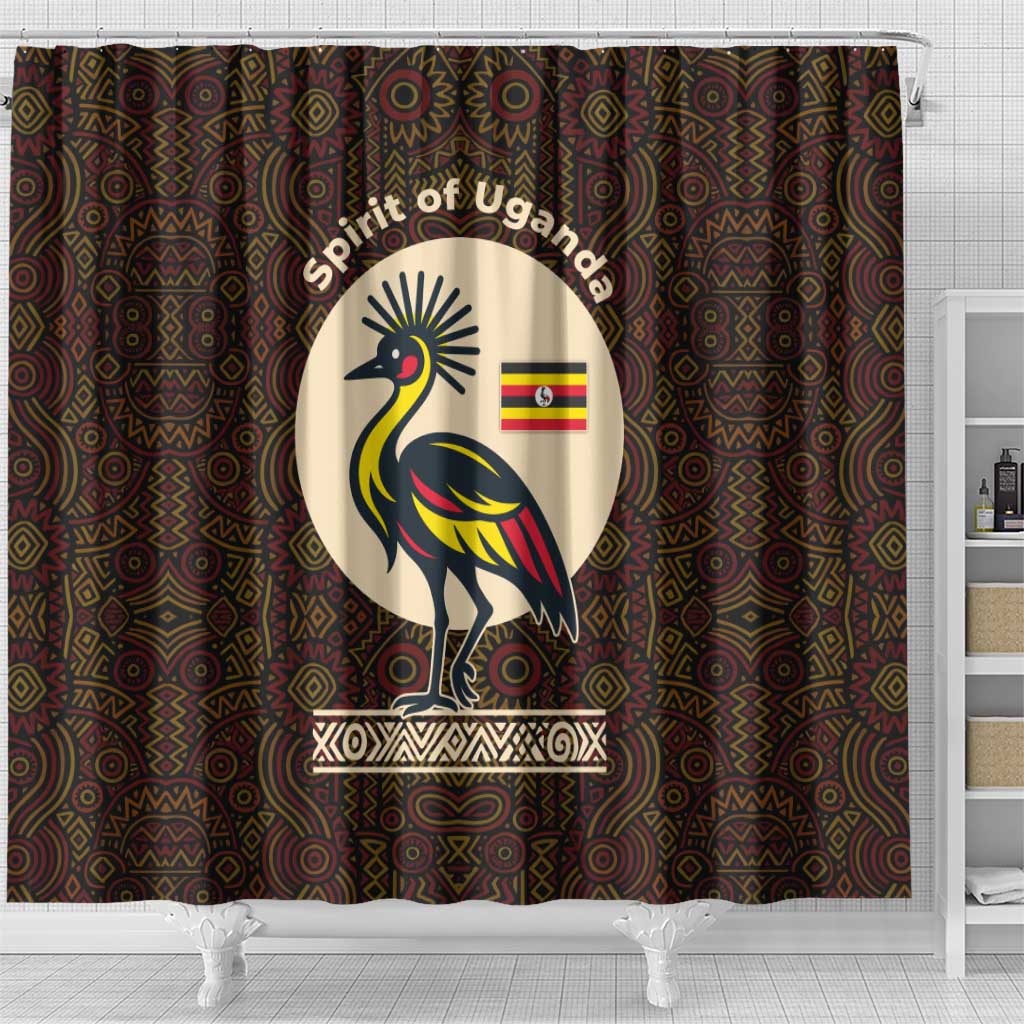 Uganda Shower Curtain - Grey Crowned Crane and Tribal Pattern Spirit of Uganda Theme
