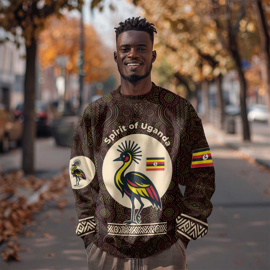 Uganda Sweatshirt - Grey Crowned Crane and Tribal Pattern Spirit of Uganda Theme