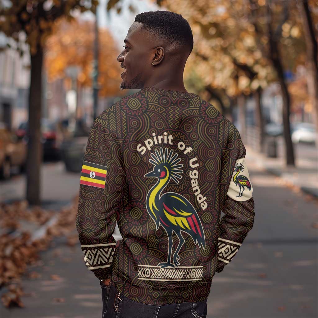 Uganda Sweatshirt - Grey Crowned Crane and Tribal Pattern Spirit of Uganda Theme