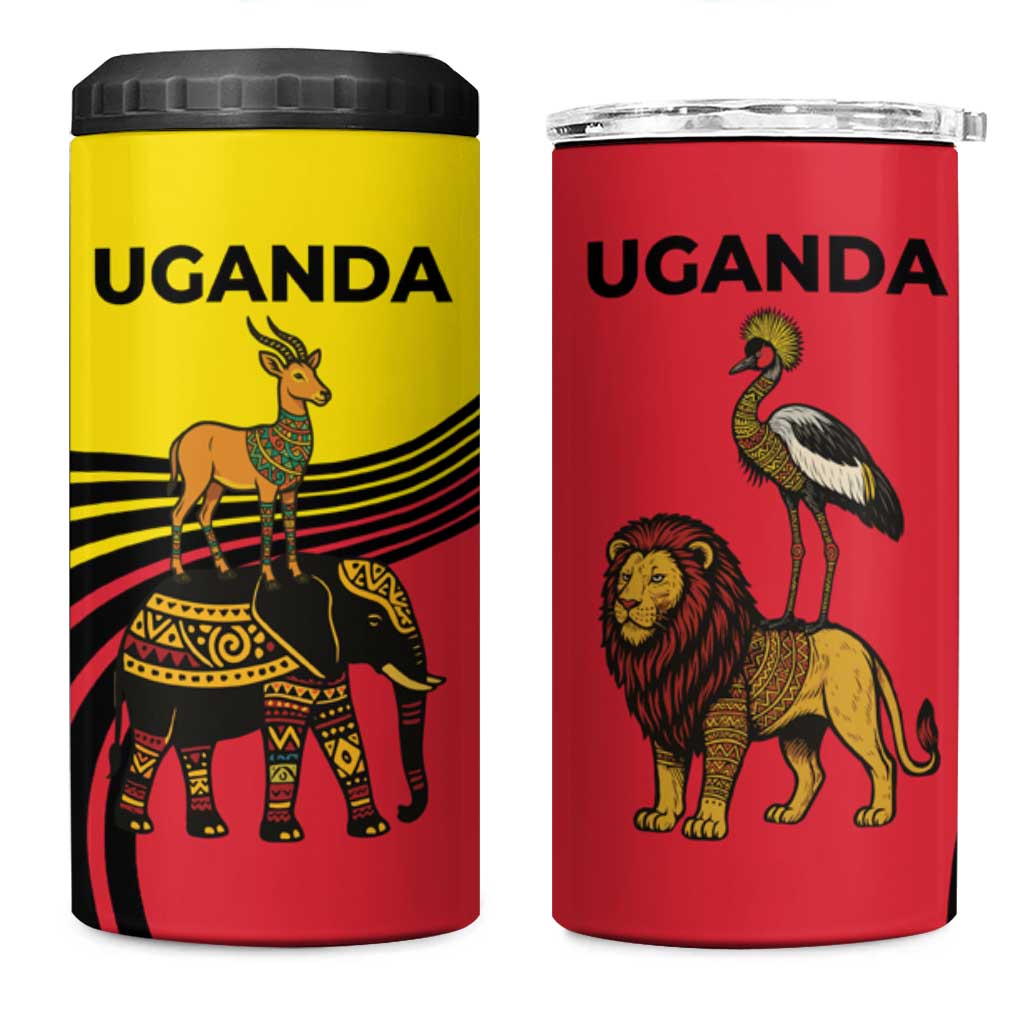 Uganda 4 in 1 Can Cooler Tumbler - African Wildlife Elephant Lion and Crane in Tribal Pattern Design