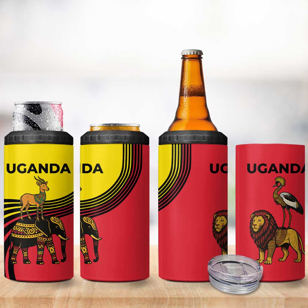 Uganda 4 in 1 Can Cooler Tumbler - African Wildlife Elephant Lion and Crane in Tribal Pattern Design