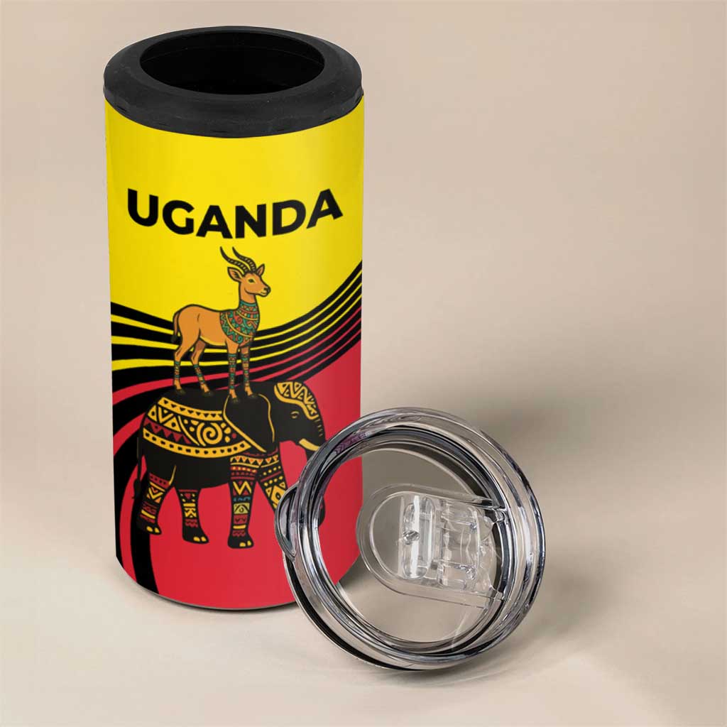 Uganda 4 in 1 Can Cooler Tumbler - African Wildlife Elephant Lion and Crane in Tribal Pattern Design