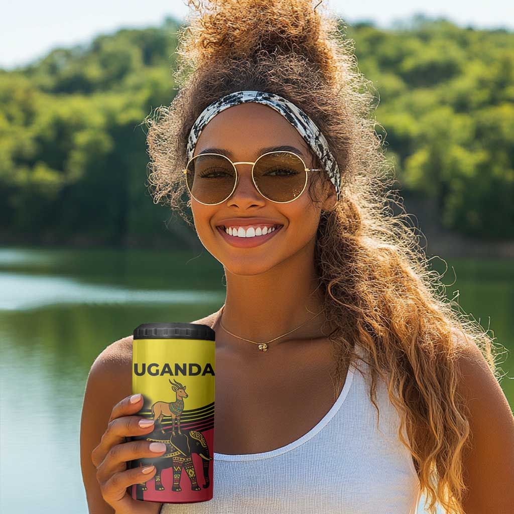 Uganda 4 in 1 Can Cooler Tumbler - African Wildlife Elephant Lion and Crane in Tribal Pattern Design