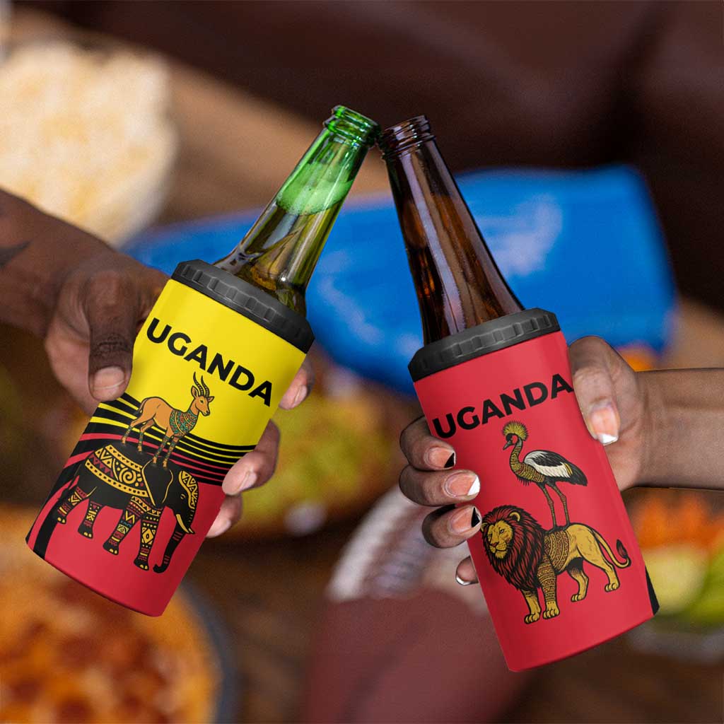 Uganda 4 in 1 Can Cooler Tumbler - African Wildlife Elephant Lion and Crane in Tribal Pattern Design