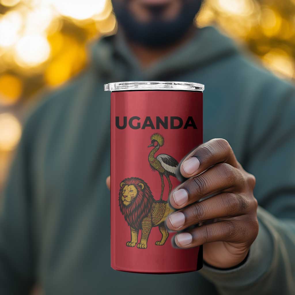 Uganda 4 in 1 Can Cooler Tumbler - African Wildlife Elephant Lion and Crane in Tribal Pattern Design