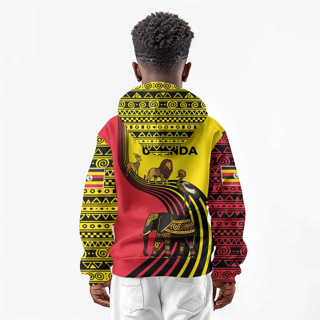 Uganda Kid Hoodie - African Wildlife Elephant Lion and Crane in Tribal Pattern Design