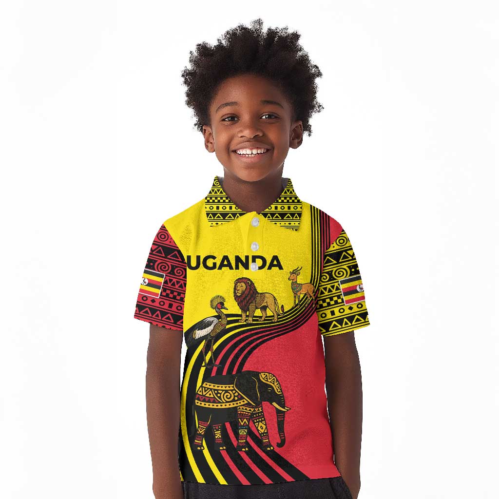 Uganda Kid Polo Shirt - African Wildlife Elephant Lion and Crane in Tribal Pattern Design