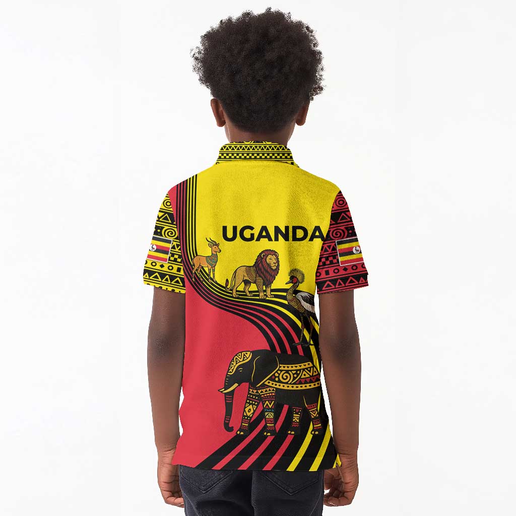 Uganda Kid Polo Shirt - African Wildlife Elephant Lion and Crane in Tribal Pattern Design