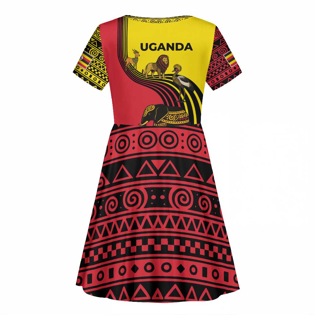 Uganda Kid Short Sleeve Dress - African Wildlife Elephant Lion and Crane in Tribal Pattern Design