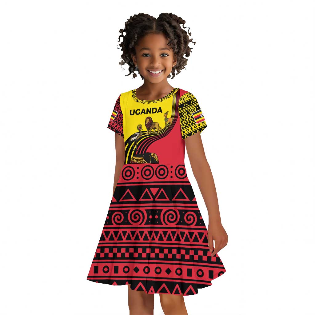 Uganda Kid Short Sleeve Dress - African Wildlife Elephant Lion and Crane in Tribal Pattern Design