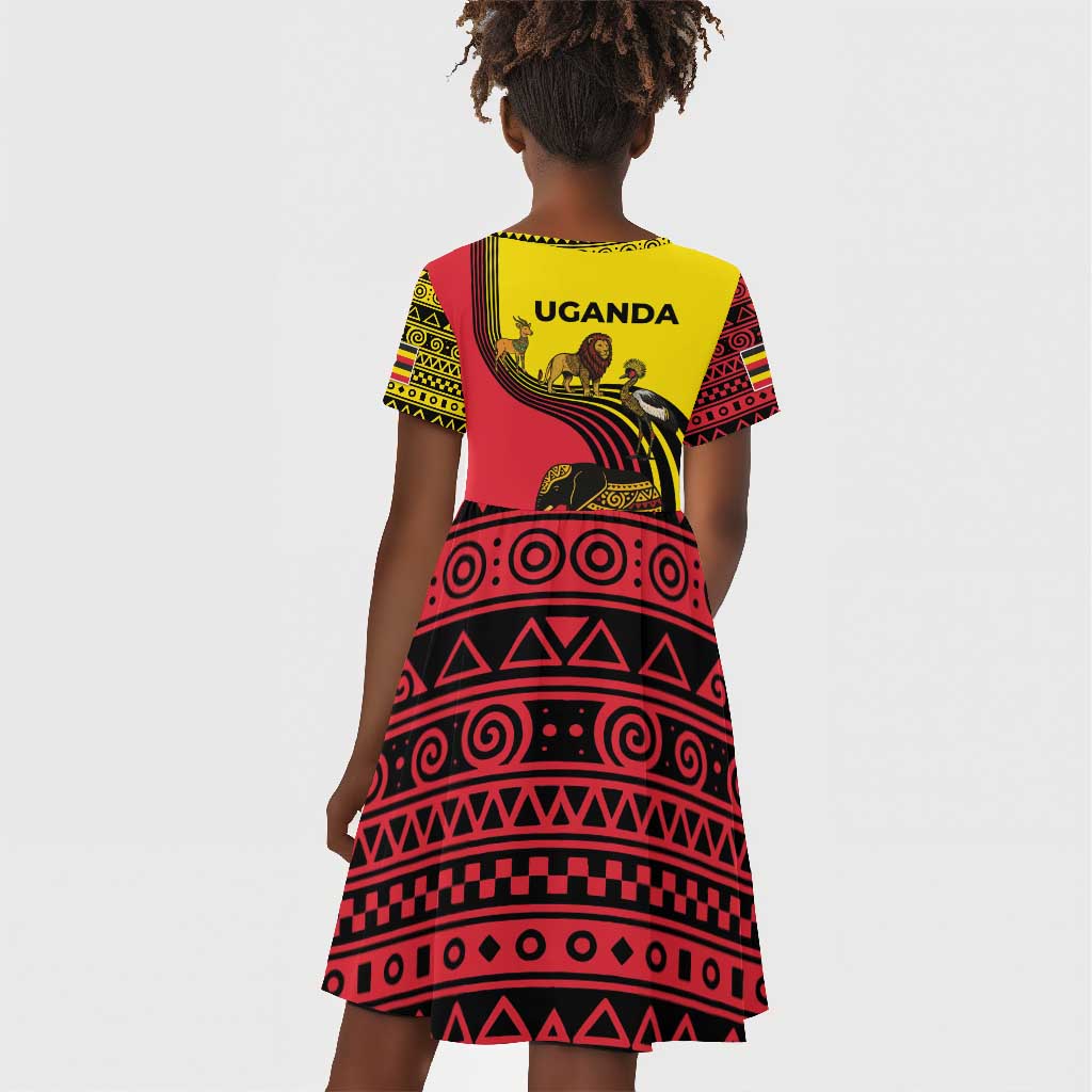 Uganda Kid Short Sleeve Dress - African Wildlife Elephant Lion and Crane in Tribal Pattern Design