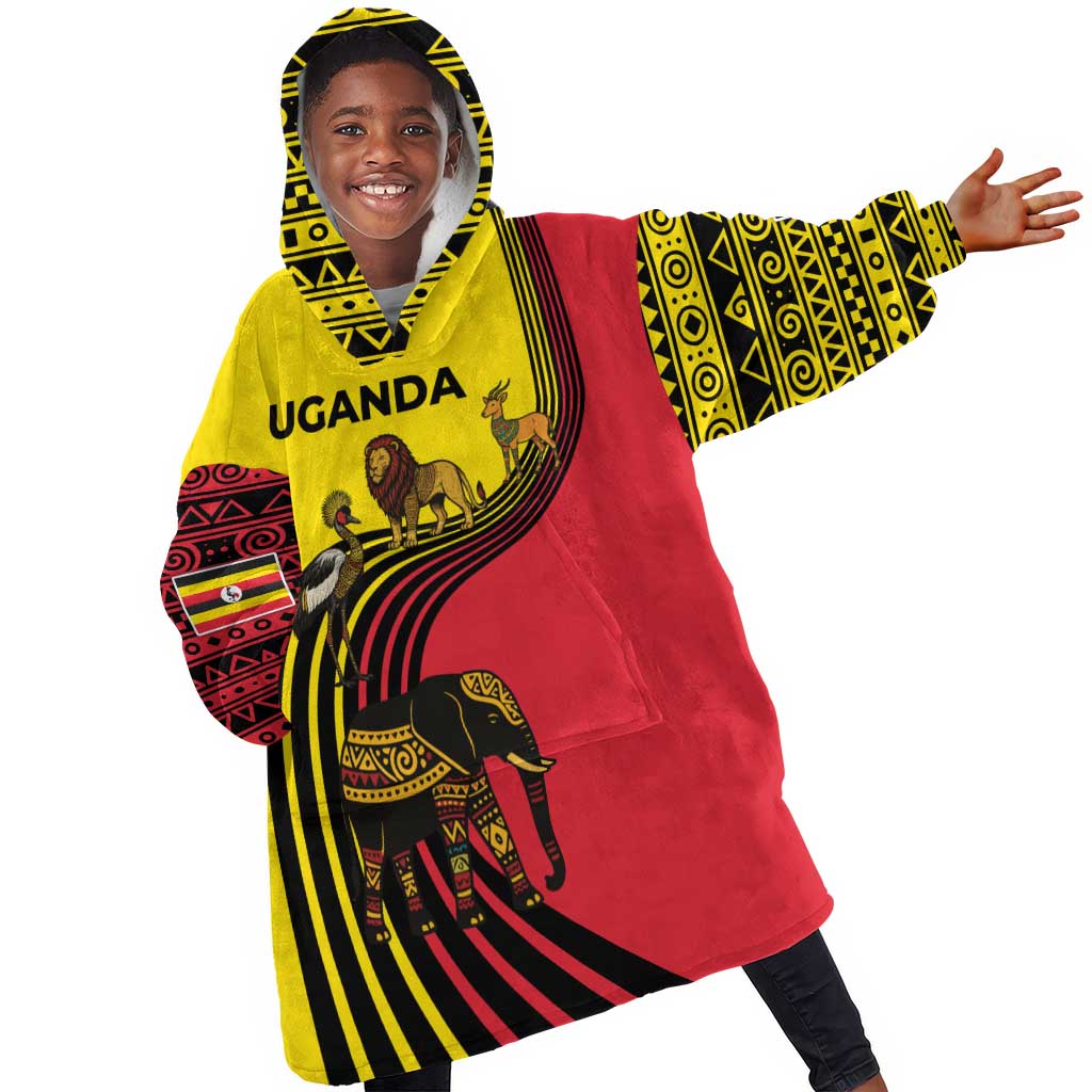 Uganda Kid Wearable Blanket Hoodie - African Wildlife Elephant Lion and Crane in Tribal Pattern Design