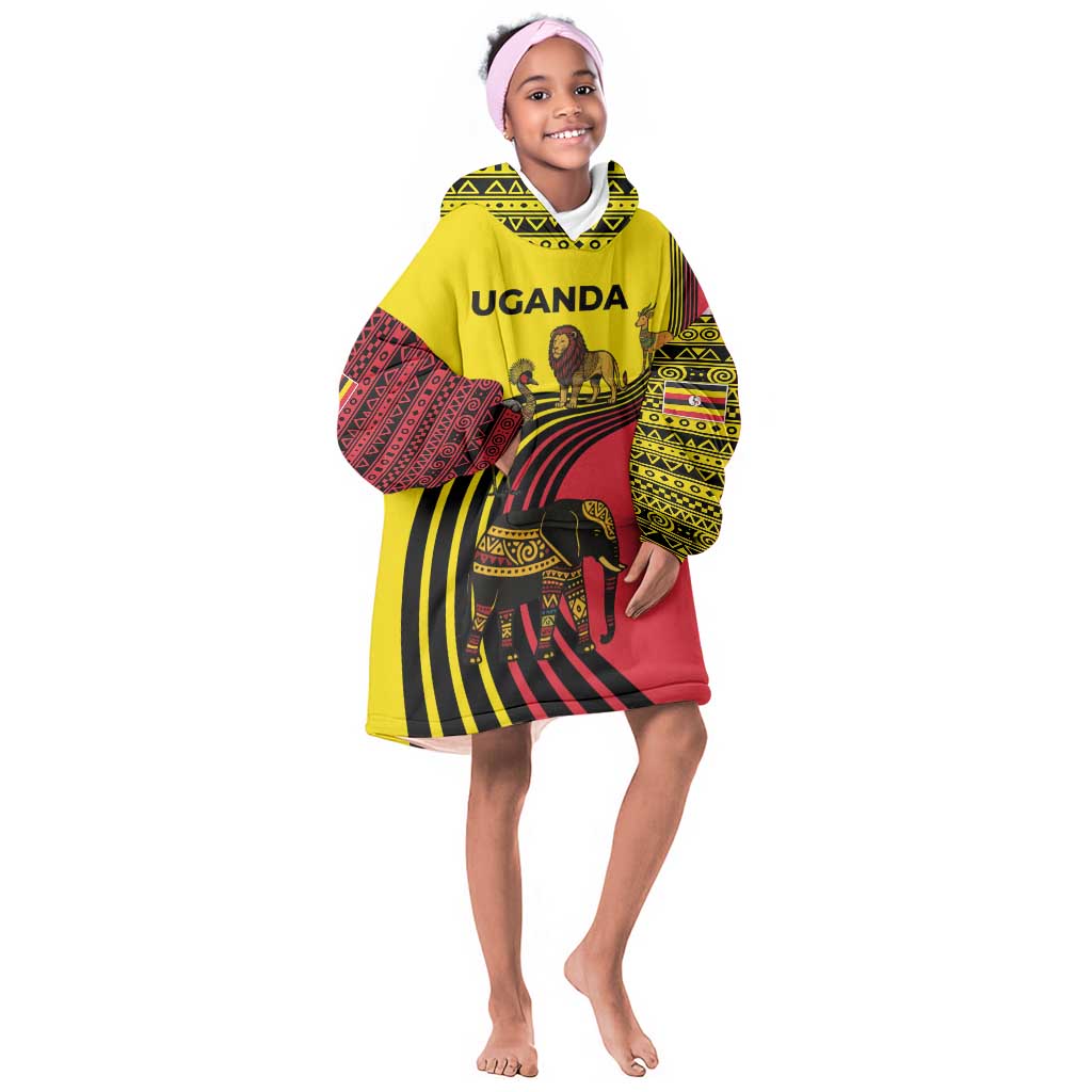 Uganda Kid Wearable Blanket Hoodie - African Wildlife Elephant Lion and Crane in Tribal Pattern Design