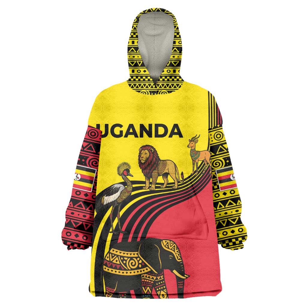 Uganda Kid Wearable Blanket Hoodie - African Wildlife Elephant Lion and Crane in Tribal Pattern Design