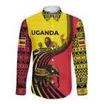 Uganda Long Sleeve Button Shirt - African Wildlife Elephant Lion and Crane in Tribal Pattern Design